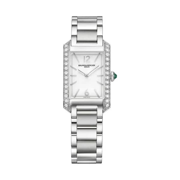 Baume & Mercier Montre Baume et Mercier Hampton quartz lunette sertie cadran argenté bracelet acier 35 x 22 mm