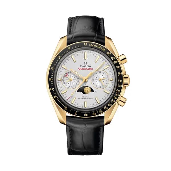 Omega Speedmaster 44,25 mm, or jaune sur bracelet en cuir