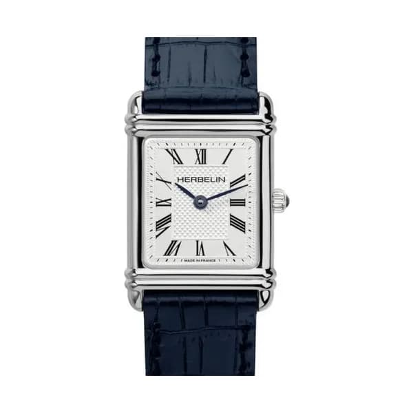 Michel Herbelin Montre Michel Herbelin Art Déco quartz cadran argent index chiffres romains bracelet cuir bleu 20,30 x 24,40 mm