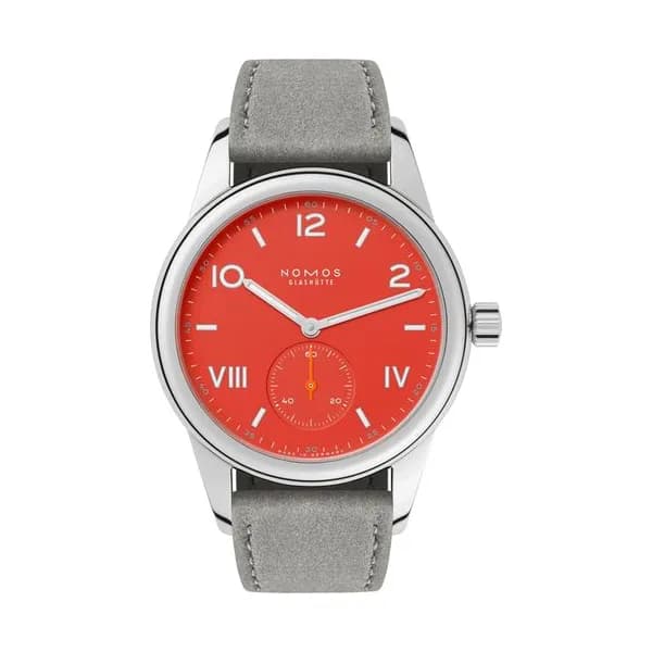 Nomos Montre NOMOS Club Campus Nonstop Red mécanique fond acier cadran rouge bracelet velours gris 36 mm