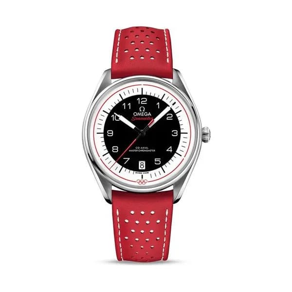 Omega Montre Omega Seamaster Jeux Olympiques cadran blanc bracelet cuir rouge Edition limitée 2032 ex. 39,5 mm