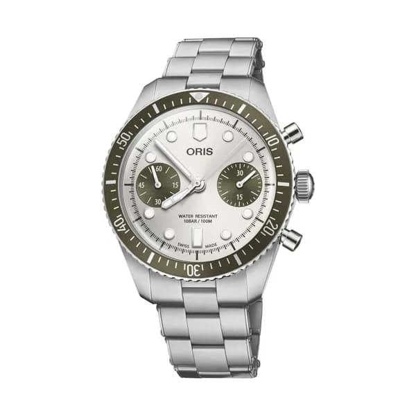 Oris Montre Oris Divers Sixty-Five Chronographe automatique cadran gris et vert bracelet acier 40 mm