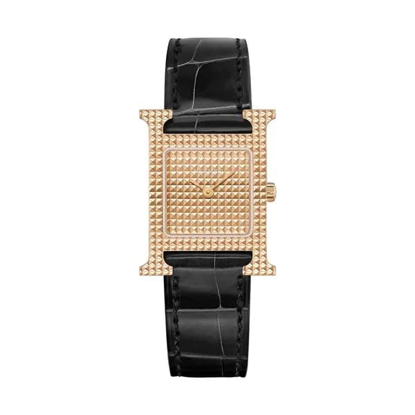Hermès Montre HERMÈS Heure H Petit Modèle quartz cadran or rose bracelet cuir noir 25 mm