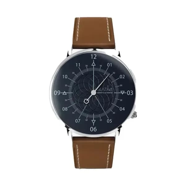 Gustave & Cie Montre 12H Louis Argent & Bleu Cuir Marron Chocolat 40mm