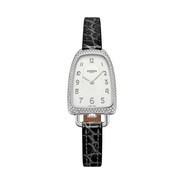 Hermès Montre HERMÈS Galop d'Hermès Moyen Modèle sertie quartz cadran argent bracelet cuir noir 32 mm