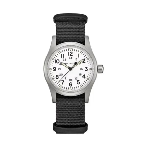 Hamilton Montre Hamilton Khaki Field Mechanical cadran blanc bracelet NATO noir 38 mm