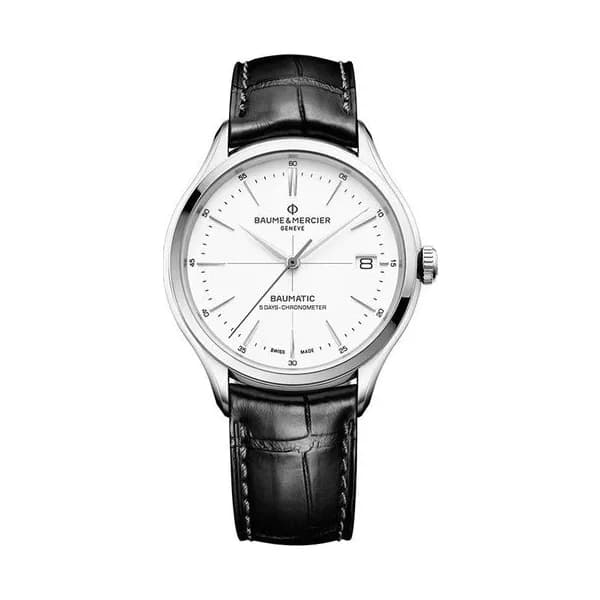 Baume & Mercier Montre Baume et Mercier Clifton Baumatic COSC cadran blanc bracelet cuir alligator noir 40 mm