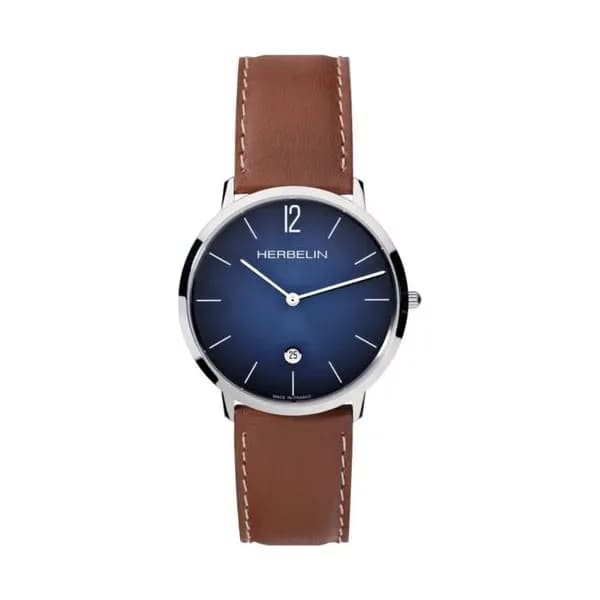 Michel Herbelin Montre Michel Herbelin City quartz cadran bleu bracelet cuir marron 38,7 mm