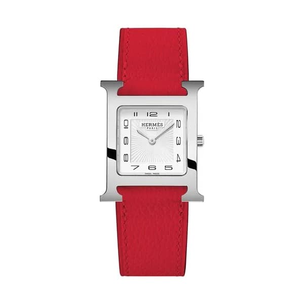Hermès Montre HERMÈS Heure H Moyen Modèle quartz cadran blanc bracelet cuir rouge 30 mm