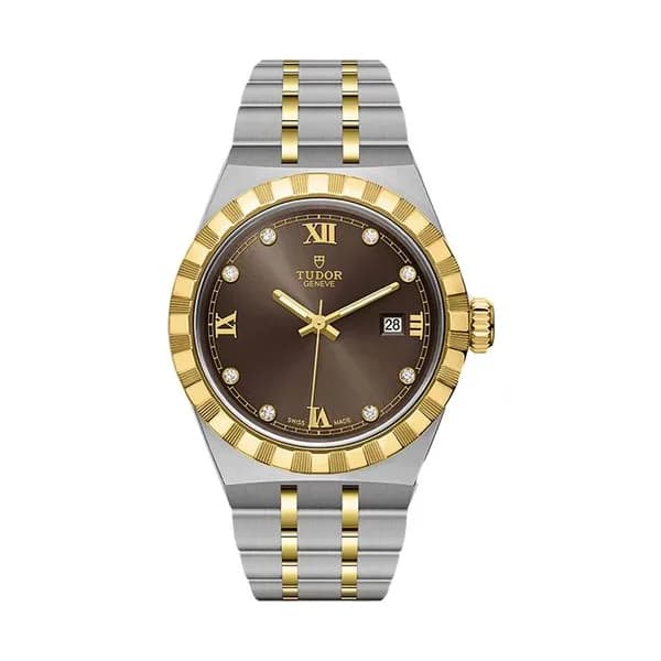 Tudor Montre Tudor Royal automatique lunette or jaune index diamants cadran chocolat bracelet acier et or jaune 28 mm