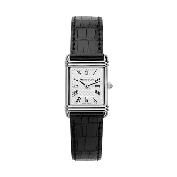 Michel Herbelin Montre Michel Herbelin Art Déco quartz cadran argent index chiffres romains bracelet cuir noir 20,30 x 24,40 mm