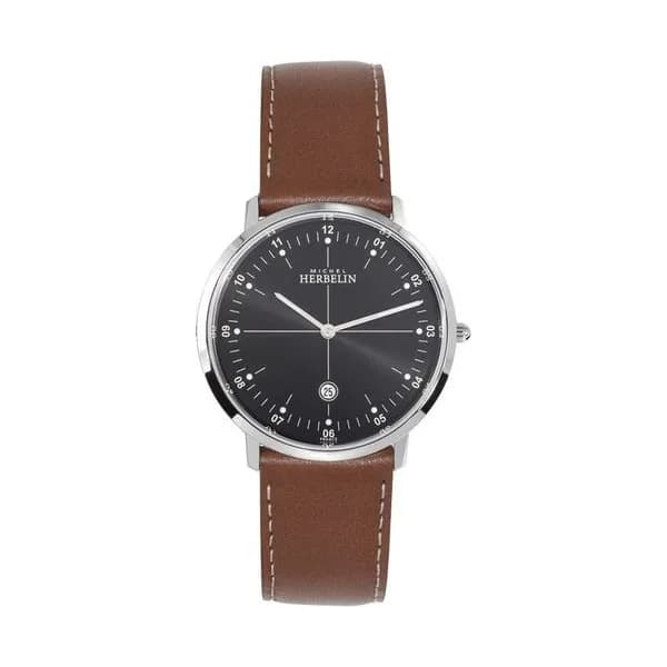 Michel Herbelin Montre Michel Herbelin City quartz cadran noir bracelet cuir brun 38,7 mm