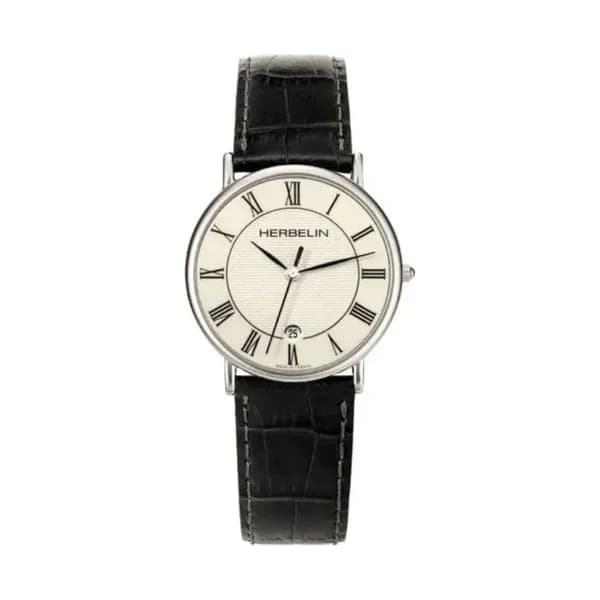 Michel Herbelin Montre Michel Herbelin Classiques quartz cadran blanc chiffres romains bracelet cuir noir 34 mm