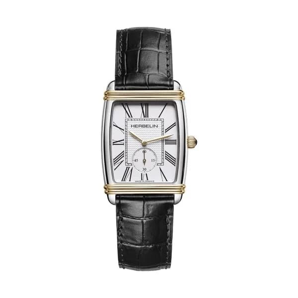 Michel Herbelin Montre Herbelin Art Déco PVD Or jaune quartz chiffres romains cadran blanc bracelet cuir noir 30 x 35,50 mm