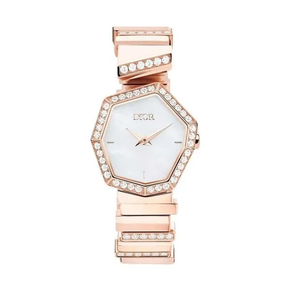 Dior Montre Dior GEM quartz cadran nacre blanche 27 mm bracelet or rose diamants 15,5 cm