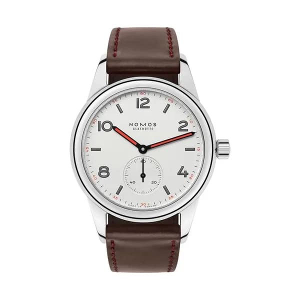 Nomos Montre Nomos Club mécanique fond acier inoxydable cadran galvanisé blanc bracelet cuir brun 36 mm