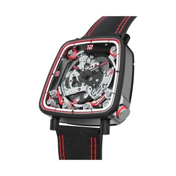 B.R.M Montre B.R.M FF39-40 automatique titane PVD noir couronne laque rouge cadran squelette bracelet cuir Alcantara noir 40 mm