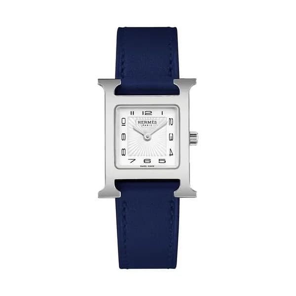 Hermès Montre HERMÈS Heure H Petit Modèle quartz cadran blanc bracelet cuir bleu 25 mm