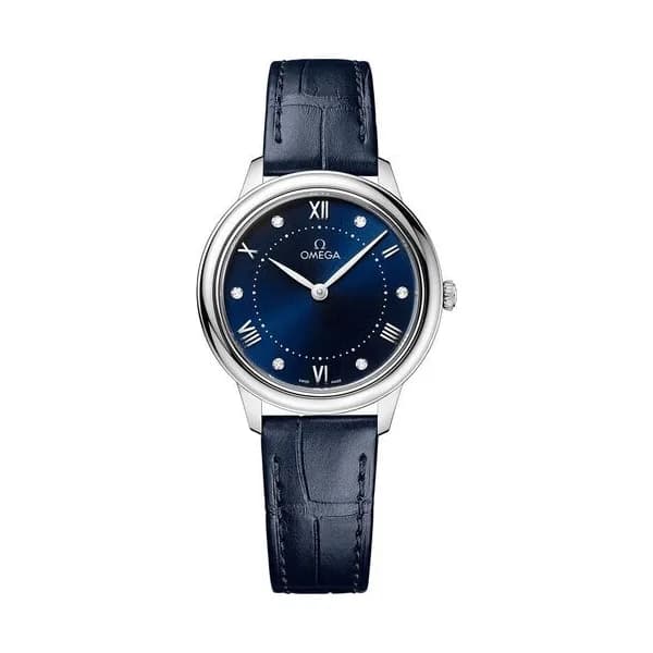 Omega Montre Omega de Ville Prestige Quartz cadran bleu index diamant bracelet cuir 30 mm