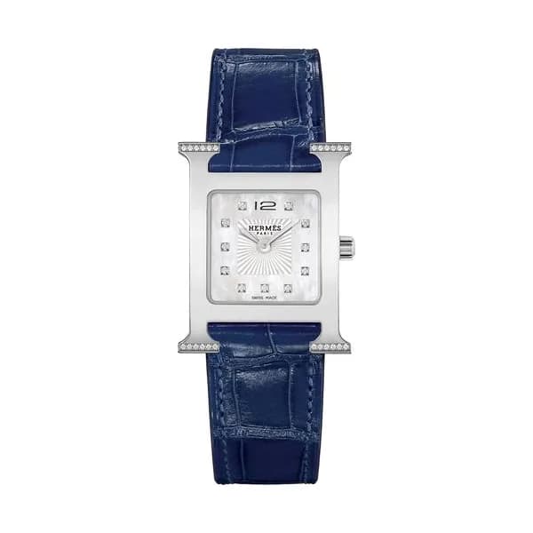 Hermès Montre HERMÈS Heure H Petit Modèle sertie quartz index diamants cadran nacre blanche bracelet cuir croco bleu 25 mm