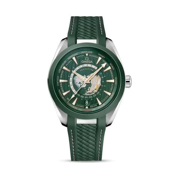Omega Montre Omega Seamaster Aqua Terra 150M Co-Axial Master Chronometer GMT Worldtimer cadran vert bracelet caoutchouc 43 mm