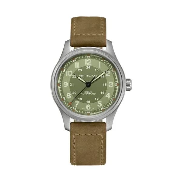 Hamilton Montre Hamilton Khaki Field Titanium automatique cadran vert bracelet cuir brun 42 mm