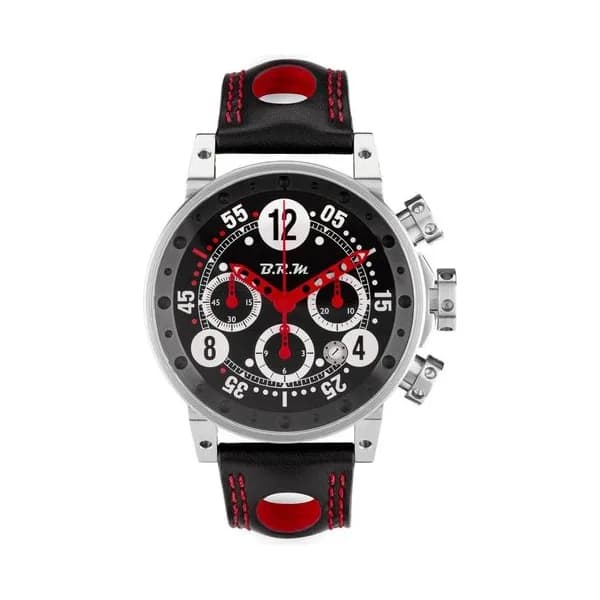 BRM Montre BRM V12 automatique inox cadran noir aiguilles rouges bracelet cuir noir 44 mm