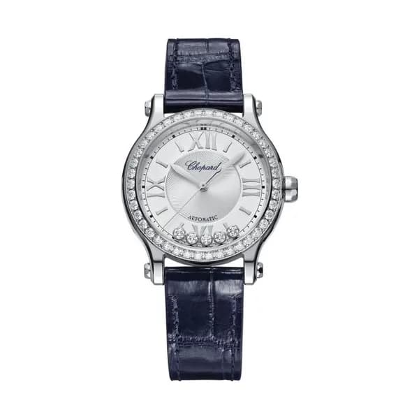 Chopard Montre Chopard Happy Sport automatique lunette sertie cadran argenté bracelet cuir bleu 33 mm