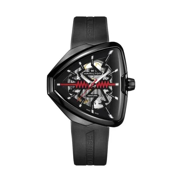 Hamilton Montre Hamilton Ventura Elvis80 Skeleton automatique cadran PVD noir bracelet caoutchouc noir 42,50 x 44,60 mm