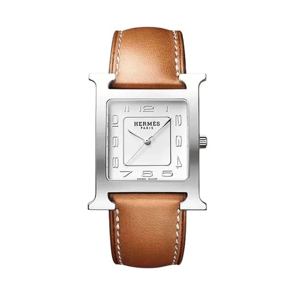 Hermès Montre HERMÈS Heure H Grand Modèle quartz cadran argenté bracelet cuir Barénia 34 mm