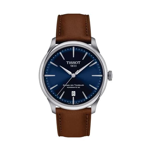 Tissot Montre Tissot T-Classic Chemin des Tourelles Powermatic 80 cadran bleu bracelet cuir brun 39 mm