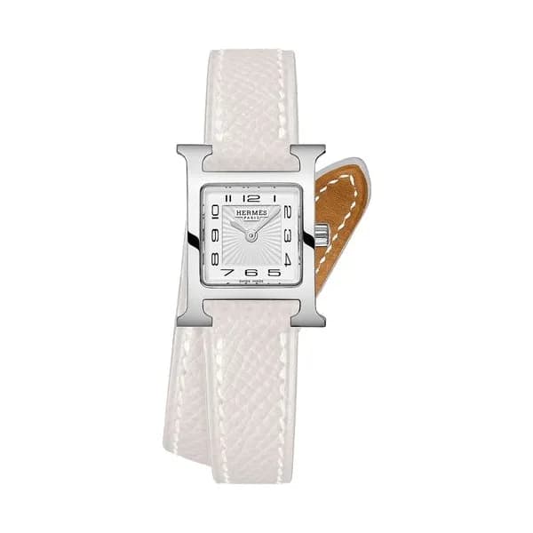 Hermès Montre HERMÈS Heure H Mini Modèle quartz cadran blanc bracelet double tour cuir blanc 21 mm