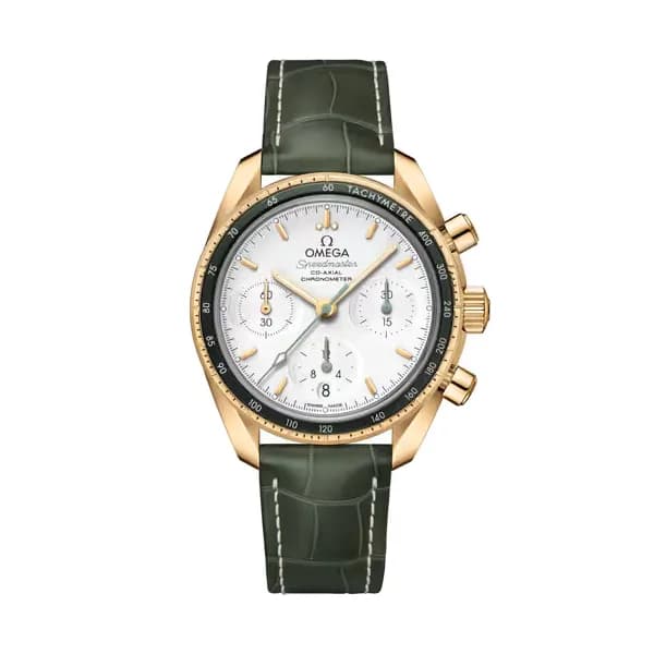 Omega Speedmaster 38 mm, or jaune sur bracelet en cuir