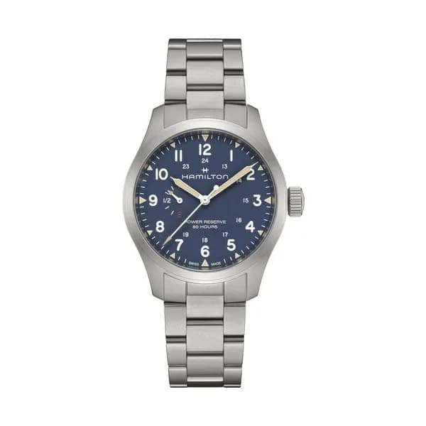 Hamilton Montre Hamilton Khaki Field Power Reserve cadran bleu bracelet acier 40 mm