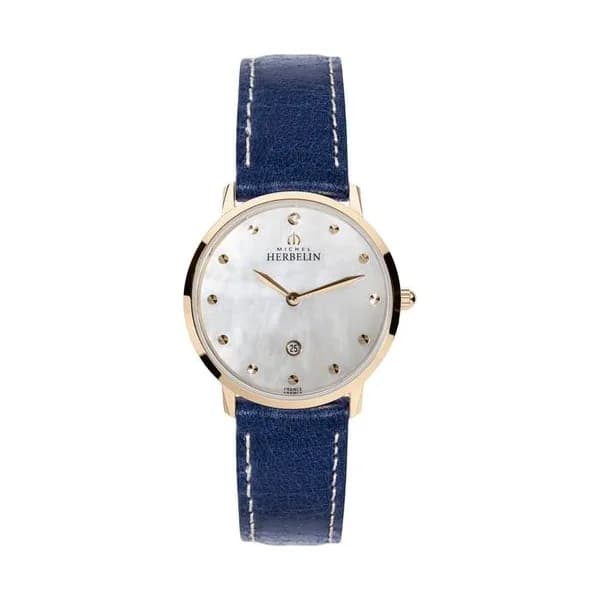 Michel Herbelin Montre Michel Herbelin City Lady quartz acier PVD doré rose cadran nacre bracelet cuir bleu 30,5 mm