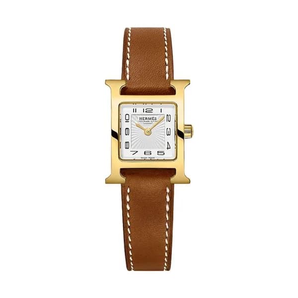 Hermès Montre HERMÈS Heure H Mini Modèle plaqué or jaune quartz cadran argenté bracelet cuir Barénia 21 mm