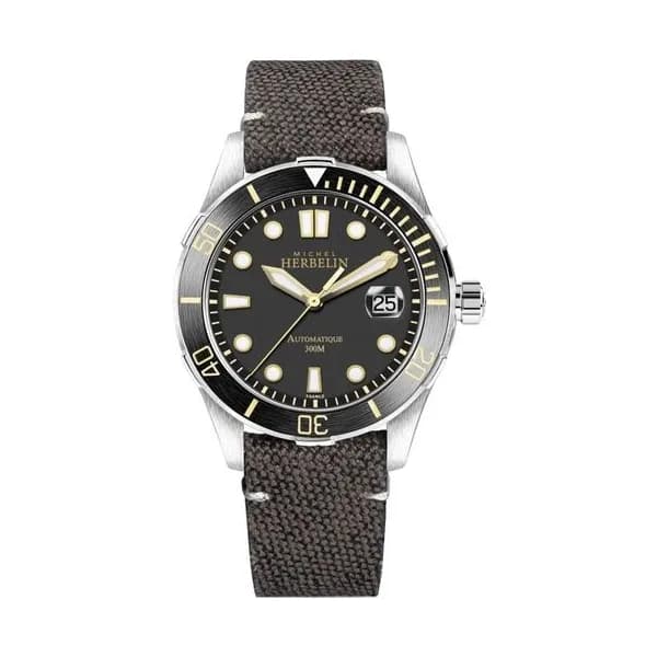 Michel Herbelin Montre Michel Herbelin Trophy automatique cadran noir bracelet cuir marron 42 mm