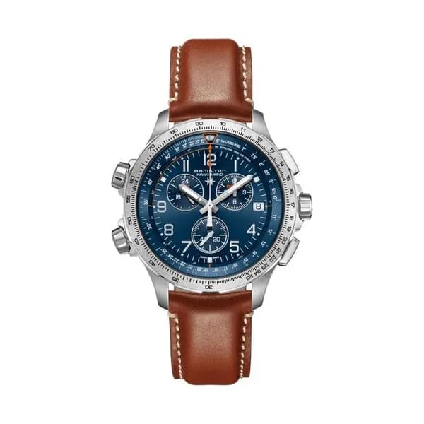 Hamilton Montre Hamilton Khaki Aviation X-Wind GMT quartz cadran bleu bracelet cuir brun 46 mm
