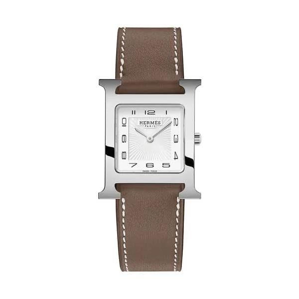 Hermès Montre HERMÈS Heure H Moyen Modèle quartz cadran blanc bracelet cuir taupe 30 mm