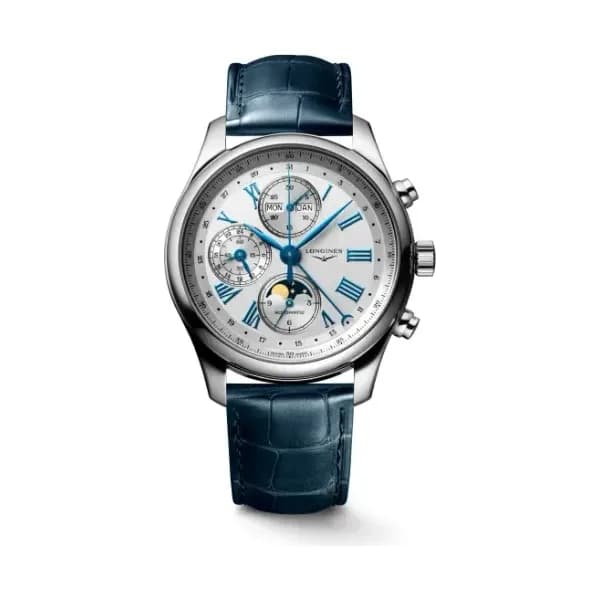 Longines Montre Longines Master Collection Chrono 42mm Cadran Argent Bracelet Cuir Bleu
