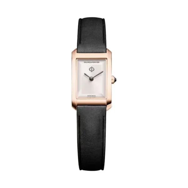 Baume & Mercier Montre Baume et Mercier Hampton quartz cadran argenté bracelet cuir noir 28 x 18 mm