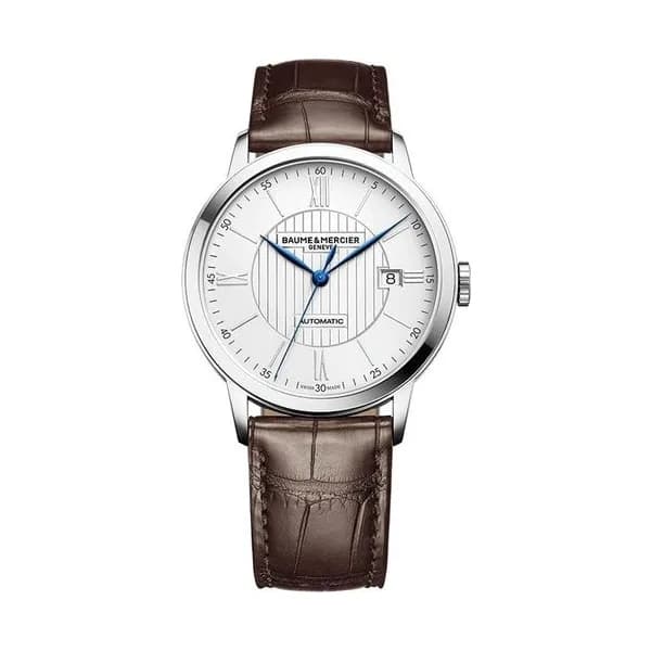 Baume & Mercier Montre Baume et Mercier Classima automatique cadran argenté bracelet cuir alligator marron 40 mm