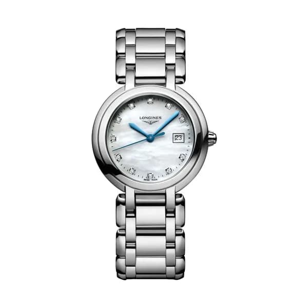 Longines Montre Longines PrimaLuna quartz index diamants cadran nacre blanche bracelet acier 30 mm