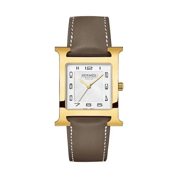 Hermès Montre HERMÈS Heure H Grand Modèle PVD quartz cadran blanc bracelet cuir taupe 34 mm