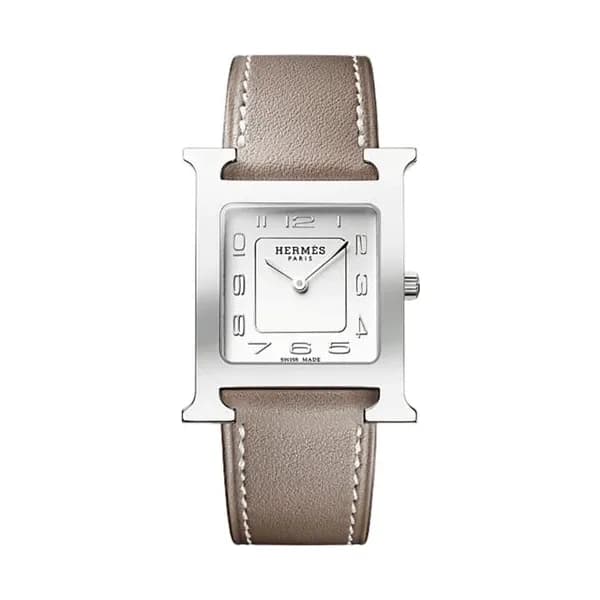 Hermès Montre HERMÈS Heure H Moyen Modèle quartz cadran argenté bracelet cuir étoupe 30 mm