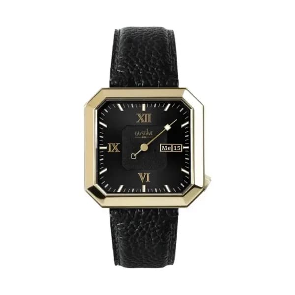 Gustave & Cie Montre 12H Marie Or & Noir Cuir Noir Grainé 34mm