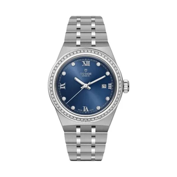 Tudor Montre Tudor Royal automatique lunette sertie diamants index diamants cadran bleu bracelet acier 28 mm
