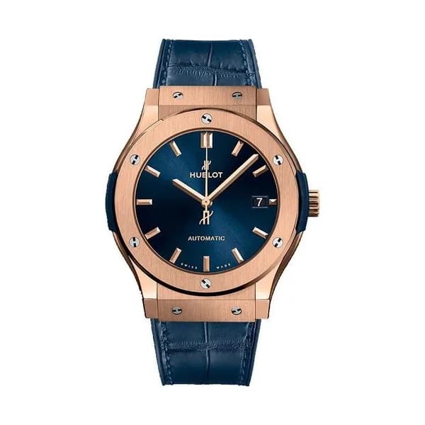 Hublot Montre Hublot Classic Fusion Blue King Gold cadran bleu bracelet cuir et caoutchouc 45 mm